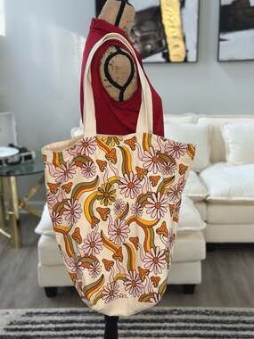 Groovy 70s Retro Mushroom and Floral Canvas Tote Bag with Tassel